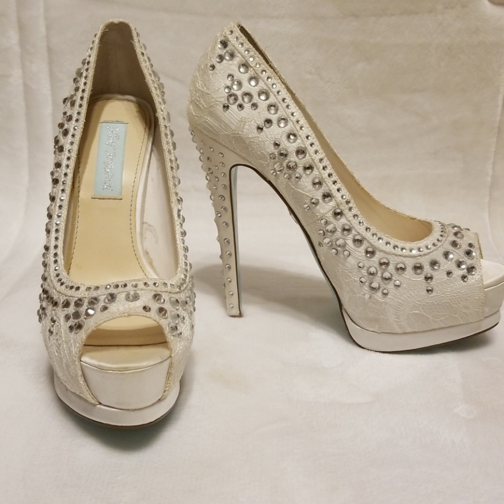 Betsey Johnson Ivory Lace Peep-Toe Platform Heels with Rhinestones
